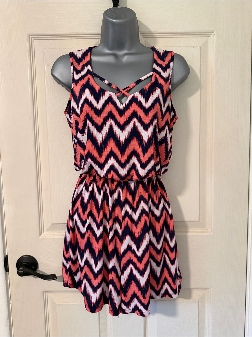 Three Hearts Chevron shorts/romper   in Coral, Navy & White